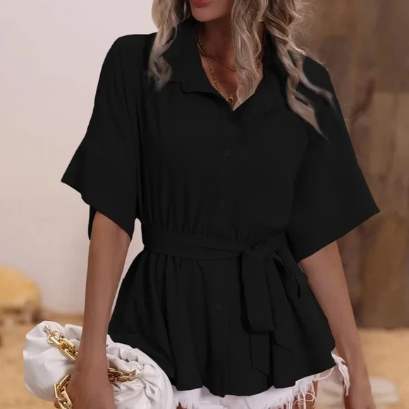 Luxe Button up Belted Blouse - Picture 1 of 12